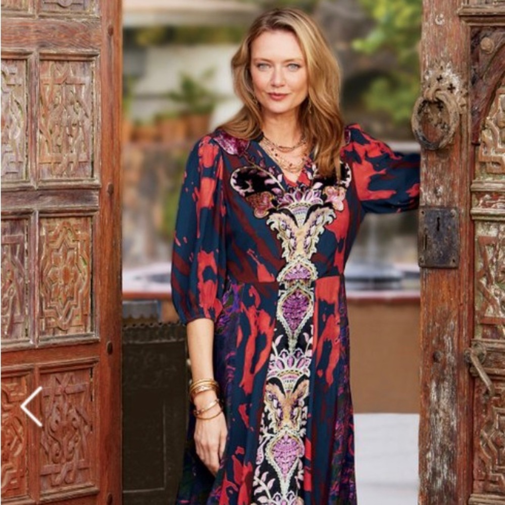 Soft Surroundings, Epiphany dress, mauve cheetah color. Velvet detailing, lined.